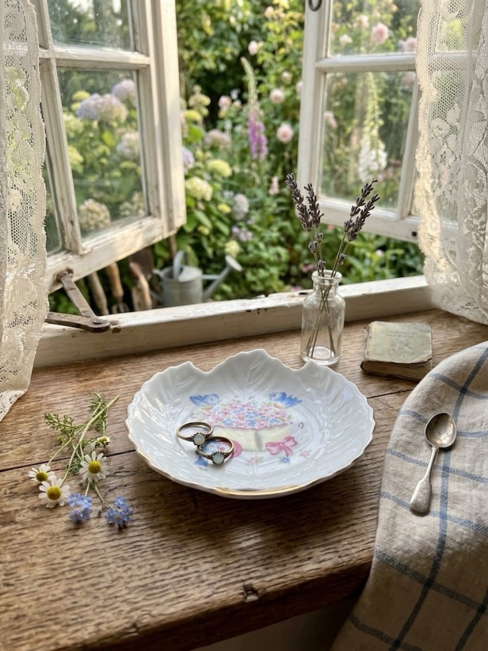 Vintage Grandma Floral Bird leaf Porcelain Trinket Dish White with Pink & Blue
